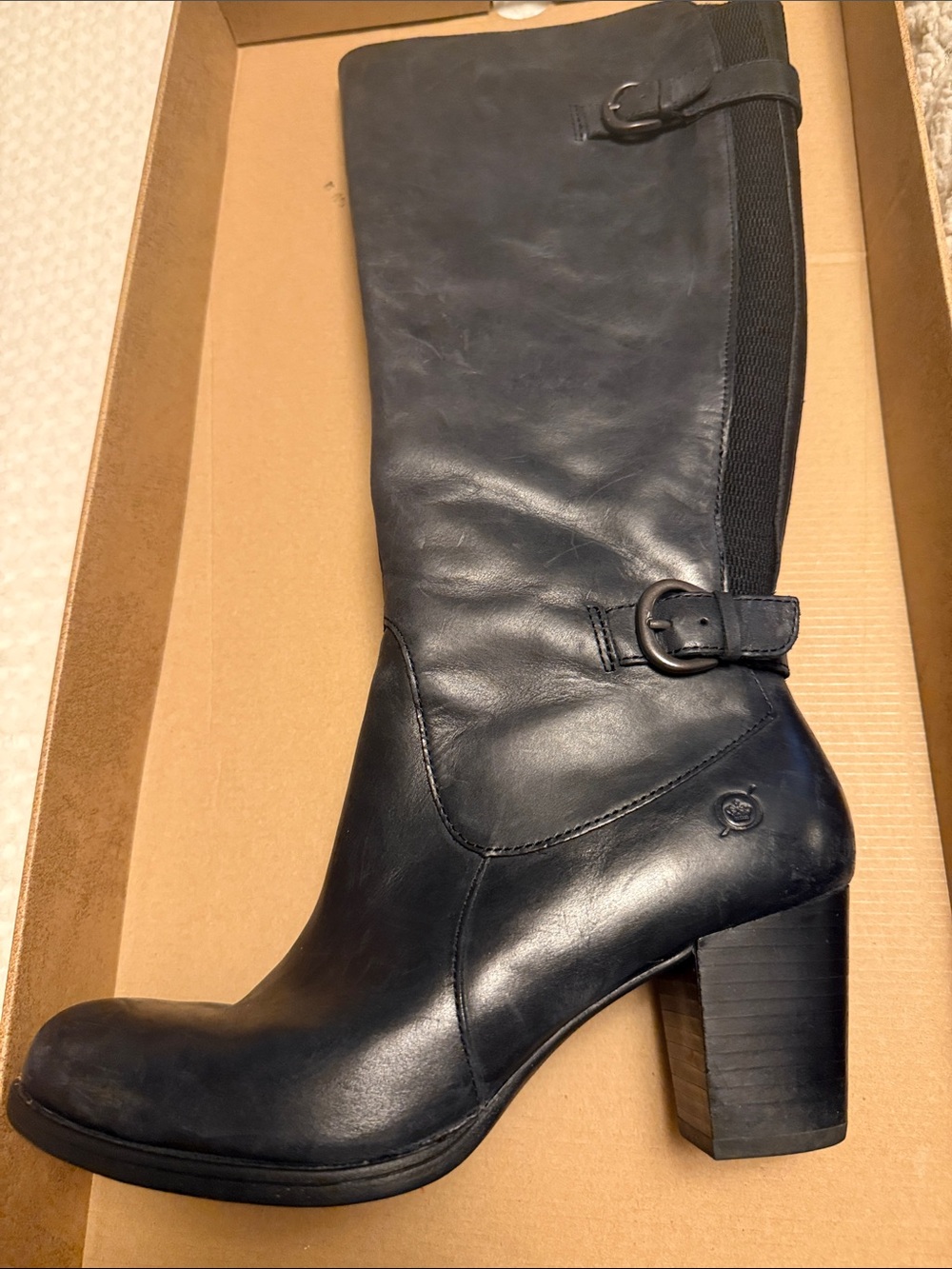 Born Black Leather Mid-Calf Heeled Boots